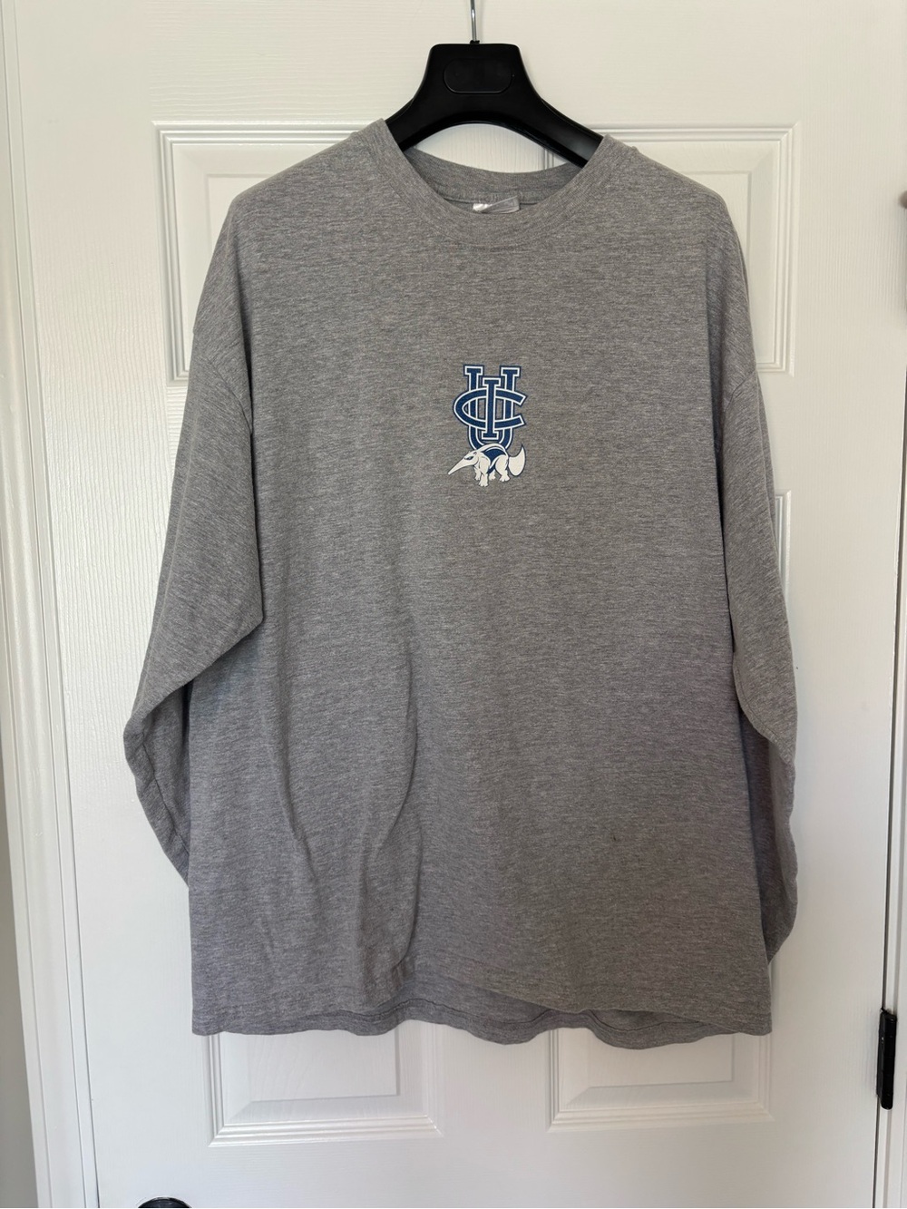 Vintage Hanes Beefy Gray Long Sleeve Tee with Blue Chest Logo